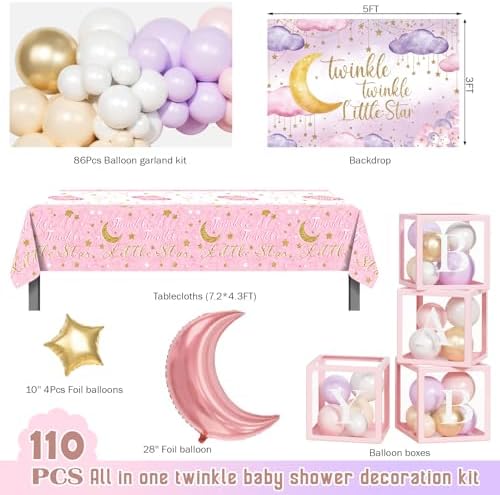 Twinkle Twinkle Little Star Baby Shower Decorations, Pink Stars and Moon Party Decorations with Balloon Garland Baby Boxes Backdrop Tablecloth - Image 2