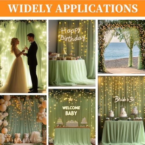 10x10ft Sage Green Tulle Backdrop Curtain with String Lights, Wrinkle-Free Sheer Wedding Backdrop for Birthday Parties, Baby Showers, Bridal Showers, Photo Shoots and Home Decor, Sage Green - Image 2