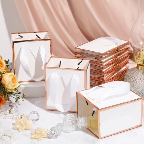 Yeaqee 50 Pcs Mini Paper Gift Bags with Handles Tag, White, Rose Gold - Image 5