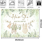 Avezano Greenery Gender Reveal Backdrop Banner Watercolor Boy or Girl Clothes He or She What Will Baby Be Gender Reveal Decorations Green Leaves Gold Dots Neutral Baby Shower Banner (8x6ft) - Image 3