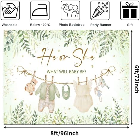 Avezano Greenery Gender Reveal Backdrop Banner Watercolor Boy or Girl Clothes He or She What Will Baby Be Gender Reveal Decorations Green Leaves Gold Dots Neutral Baby Shower Banner (8x6ft) - Image 3