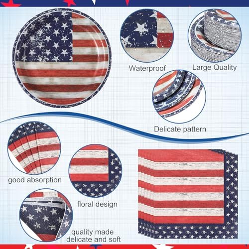 Funnymoom 452 Pcs 4th of July Party Supplies for 50 Guests, Memorial Day Patriotic Paper Plates Napkins Cups Tablecloth Cutlery Straw White Red Blue Tableware for 250th Aniversary Party Decoration - Image 3