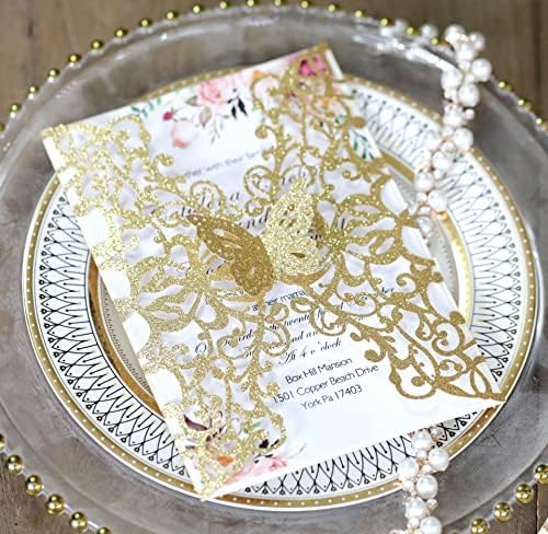 50sets Glitter Laser Cut Lace Flora Wedding Invitation Cards with Butterfly and Envelopes for Bridal Shower Engagement Quinceañera Wedding Invite (Only invitation Cards, Glitter Gold) - Image 3