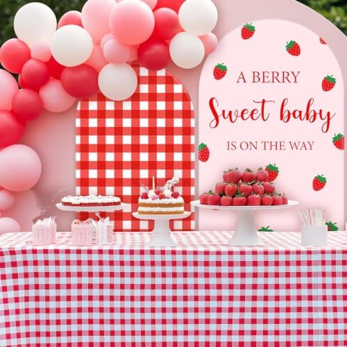 FYSUIMU 2 Pcs Strawberry Arch Backdrop Covers Pink Red Plaid Berry Stretchy Spandex Arch Stand Fabric Cover for Wedding Birthday Baby Shower Gender Reveal Party Decor (5ft/6ft) - Image 5