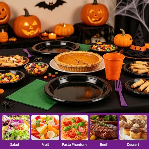 200pcs Black Orange Purple Plastic Plates Party Supplies, Disposable 9’’Dinner Plates and Napkins, Cups & Cutlery Plastic Dinnerware Set for Halloween, Birthday, Themed Party, Serves 50 Guests - Image 3
