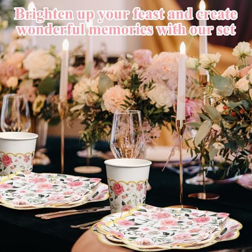Funnymoom 250 Pcs Pink Gold Floral Paper Plates Napkins Cups Serves 50 - Image 6