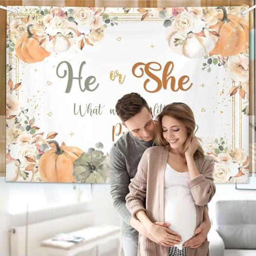 AIBIIN Fall Pumpkin Gender Reveal Backdrop He or She What Will Our Little Pumpkin Be Party Banner Pumpkin Floral Gender Reveal Party Supplies 8x6ft - Image 6