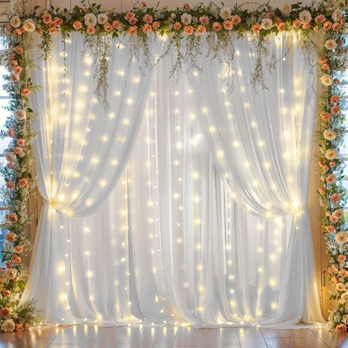 10ft x 10ft White Chiffon Backdrop Curtain with Lights String for Parites Wedding Wrinkle Free Curtain Photo Backdrops Drapes for Baby Shower Birthday Party Home Decorations by WishCare