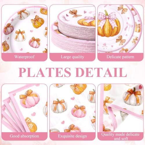 Ziliny 250 Pcs Pink Bow Pumpkin Paper Plates Napkins and Cups for 50 Guest - Image 2