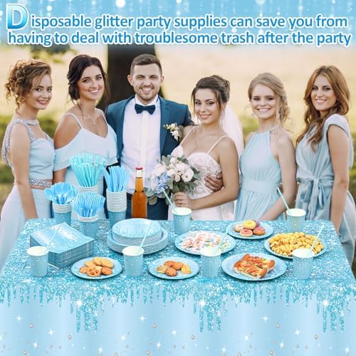 Funnymoom 452 Pcs Light Blue Party Decoration Include Glitter Baby Blue Paper Plates Napkins Cups Tablecloth Cutlery Straws Tableware for Baby Shower Birthday Wedding Graduation Party Supplies - Image 5