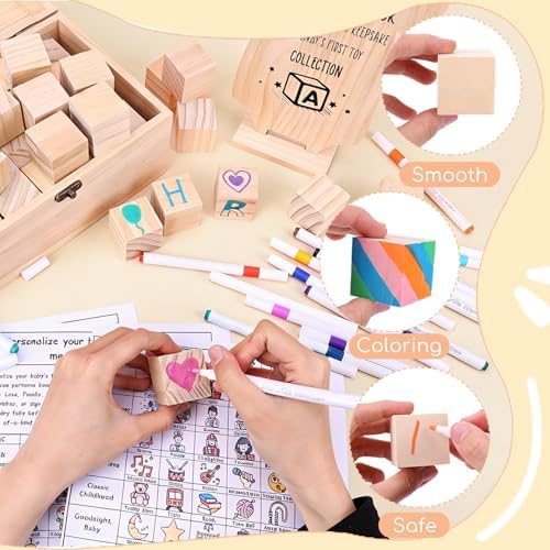 79 PCS Baby Shower Game Kit, Fun Baby Shower Blocks Decorating Game Includes 52 Wooden Blocks, 24 Markers, 1 Game Sign, 1 Storage Box and 1 Pattern Guide, Natural Wood - Image 3