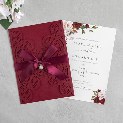 20Pcs Burgundy Laser Cut Wedding Invitation Cards With Envelopes - Image 3