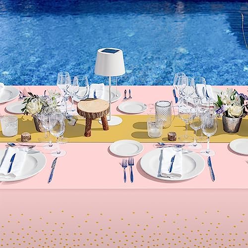 16Pack Disposable Plastic Tablecloths and Satin Table Runner Set Pink and Gold Dot Tablecloth Gold Satin Table Runner for Wedding Birthday Baby Shower Anniversary Christmas New Year Party Supplies - Image 6