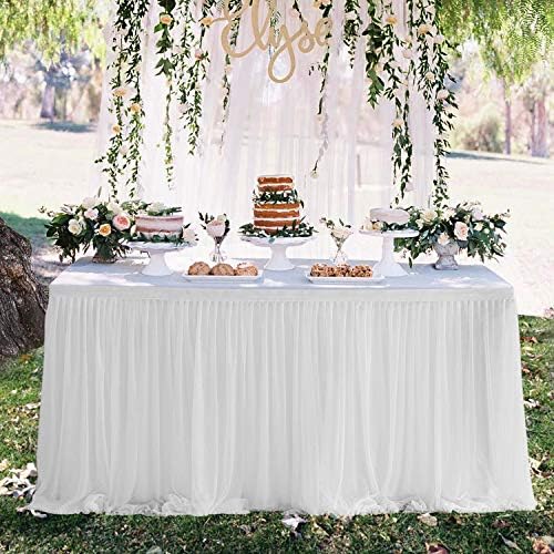 Suppromo White Tulle Table Skirts for Rectangle Tables 14ft Ruffle Tutu Table Cloth Skirt Decoration for Wedding Bridal Baby Shower Birthday Party Cake Dessert Table Decor - Image 4