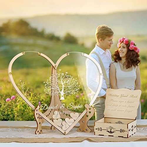 Wedding Guest Book Alternative,with Box and Small Hearts,Personalized Tree Heart Drop Guest Sign for Rustic Wedding Decorations,Anniversary and Birthday(style8, Heart) - Image 2