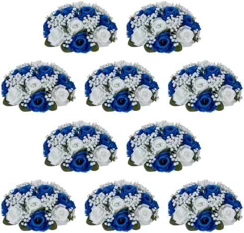 NUPTIO Flower Balls for Table Centerpieces: Royal Blue & White Fake Rose by Nuptio
