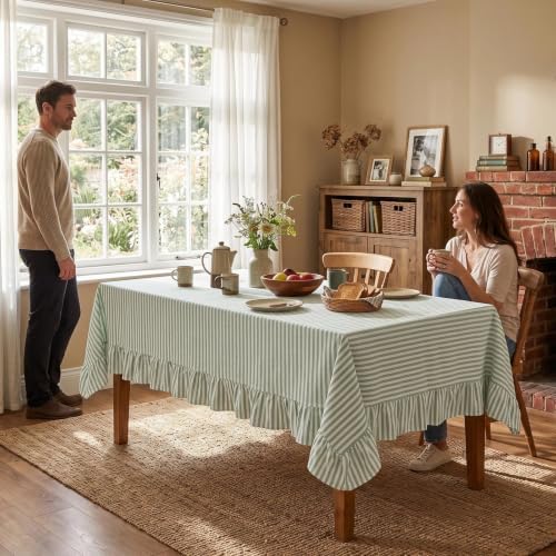 Eternal Beauty Striped Ruffled Tablecloth 60x120 Inch Green White - Image 5