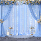 10x10ft Baby Blue Chiffon Backdrop Curtain with Lights String for Wedding Sheer Tulle Curtain Photo Backdrops Drapes for Baby Shower Birthday Party Home Ceremony Decorations by Shillance