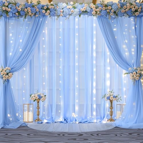 10x10ft Baby Blue Chiffon Backdrop Curtain with Lights String for Wedding Sheer Tulle Curtain Photo Backdrops Drapes for Baby Shower Birthday Party Home Ceremony Decorations by Shillance