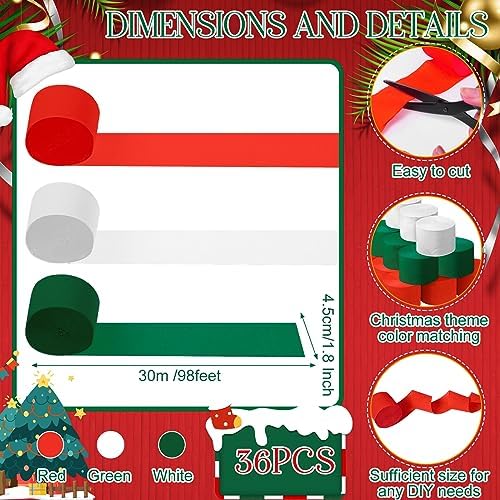 Qilery 36 Rolls Crepe Paper Streamers Hanging Party Decoration Colored Streamers Party Decorations for Birthday Wedding Baby Shower Gender Reveal Engagement (Red, White, Green,1.8 Inch x 98 ft) - Image 2