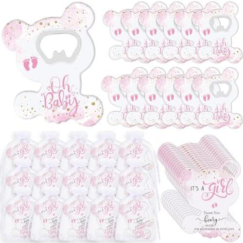 Domensi 75 Pcs Baby Shower Favors Bear Opener Magnet Card Organza Bag, Girl by Domensi