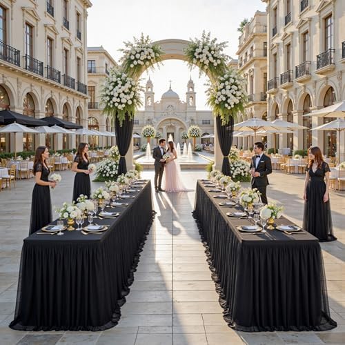 familus Black Table Cloths 8 Foot Rectangle 6 Pack Stretch Ruffle Tulle Tablecloth Spandex Fitted Table Cover for 8 Foot Tulle Table Skirts for Party Wedding Table Cloths, Banquets - Image 6