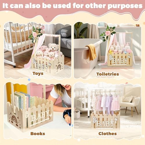 Wooden Baby Shower Crate Closet With Hanger Rack, Wooden Baskets for Baby Shower With Handle Girl Welcome Box Personalized Baby Gifts Crates - Easy Assembly (Girl) - Image 6