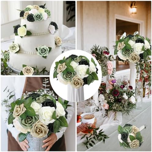 100 Pcs Artificial Foam Rose Flower Faux Bouquet Wedding Fake Rose Gift for Mother's Day Women DIY Bridal Shower Party Table Birthday Home Spring Decor (Shades of Emerald) - Image 6