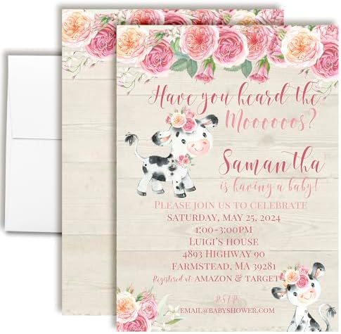 Custom Baby Shower Invites Pink Cow Baby Shower Invitation 20 5x7 Custom Personalized Watercolor Shower Invites With Envelopes - Unique Pink Watercolor Cow Theme by AmandaCreation