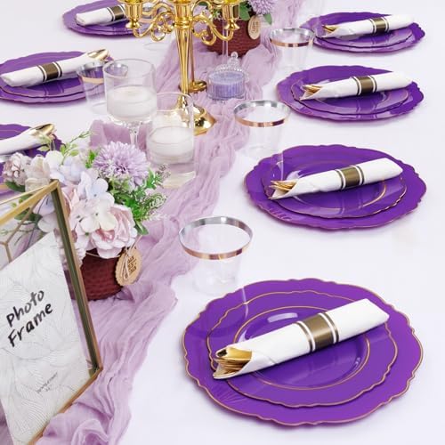Liacere 175PCS Purple Plastic Plates-Disposable Purple and Gold - 25 guest Baroque Plastic Dinnerware include 50Plates,25Pack Pre Rolled Napkins with Silverware 25Cups for Wedding&Party＆Halloween - Image 2
