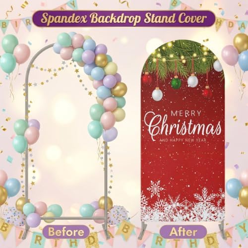 Modern Christmas Pine Branch Ball Strip Arch Backdrop Cover 7.2 ft 2 Sided Wedding Arch Covers Stretchy Backdrop Round Top for Birthday, Party, Baby Shower Decorations - Image 5