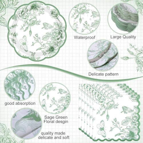 Funnymoom 200 Pcs Sage Green Floral Party Decorations Paper Plates Serve 50 - Image 3