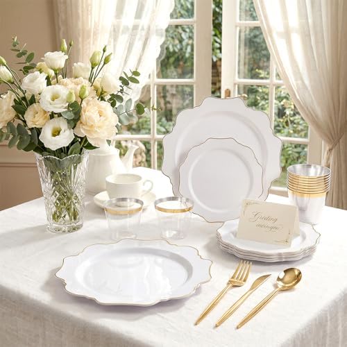 WDF 350PCS White and Gold Plastic Plates - Gold Plates Disposable 50Guest Plastic Dinnerware Ideal for Party/Wedding/Birthday - Image 5