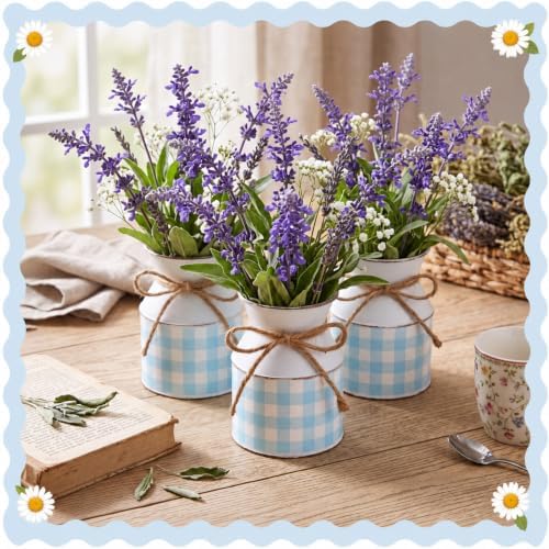 Domensi 6 Pcs Farmhouse Metal Flower Vase, Blue Gingham Table Centerpiece - Image 6