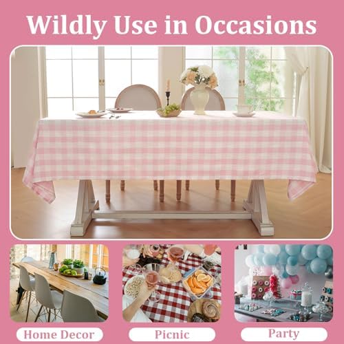 Laolitou Spring Pink Gingham Table Cloth Rectangle Tables Buffalo Plaid Checkered Tablecloth Cotton Linen Farmhouse Tablecloths Washable Wrinkle Free for Picnic Kitchen, 60"x90" 6-8 Seats - Image 6