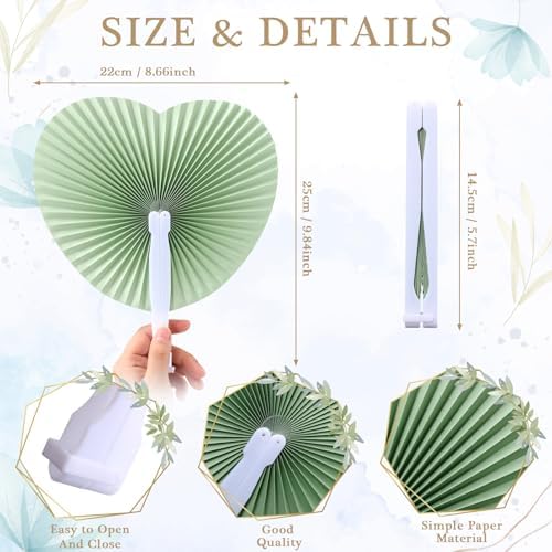 Blulu 60 Pack Wedding Heart Folding Hand Fans Decor Bulk, Sage Green - Image 2