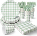350 PCS Sage Green Gingham Disposable Dinnerware Set, Decagonal Paper Plates 7 & 9 Inch, Napkins, Cups & Cutlery, Checkered Party Supplies for Easter Baby Shower Wedding Picnic by Unknown