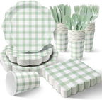 350 PCS Sage Green Gingham Disposable Dinnerware Set, Decagonal Paper Plates 7 & 9 Inch, Napkins, Cups & Cutlery, Checkered Party Supplies for Easter Baby Shower Wedding Picnic by Unknown