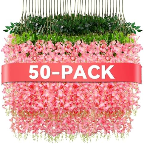 Alotiki Pink Wisteria Hanging Flowers, 50 Pack Fake Hanging Flowers by CreateABetterLife