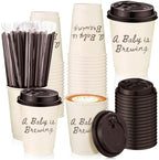 FYSUIMU 60 Sets Baby Shower Coffee Paper Cups with Lids Straws A Baby Is Brewing Disposable Cup Double-Wall Drinking Cups for Pregnancy Announcement Gender Reveal, 13.5oz by FYSUIMU