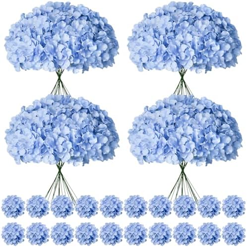100 Pcs Faux Blue Hydrangea Artificial Flowers Bulk, Fake Silk Hydrangea Flowers Heads with Stems for Wedding Decorations Garden Party Baby Shower Porch Home Decor Table Centerpieces by Cherica