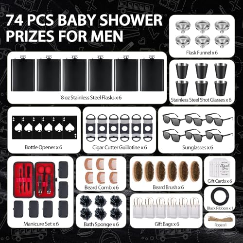 74PCS Baby Shower Prizes for Men 6 Set with 8 oz Stainless Steel Hip Flask with Funnel Bottle Opener Manicure Kit Bath Sponge Sunglasses Gift Bag Baby Shower Game Prizes for Winner Bachelor Party - Image 3
