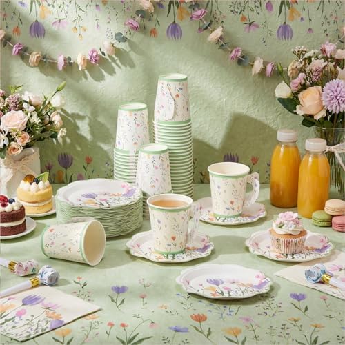 FillTouch 100 Sets Wildflower Floral Paper Tea Cups and Saucers Disposable Paper Tea Party Supplies 9 oz Cups with Handle and Saucer for Birthday Wedding Party Decorations - Image 6