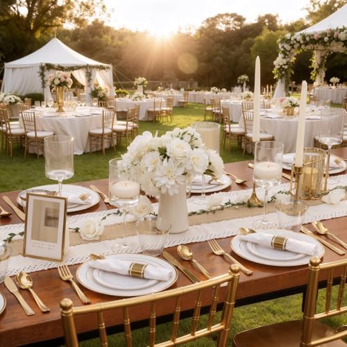 WDF Partyware 350Piece Gold Dinnerware Set for 50 Guests - Gold Plastic Plates with Disposable Cutlery - 50Dinner Plates-50Dessert Plates-50Pre Rolled Napkins with Silverware for Wedding/Birthday - Image 4