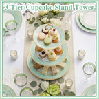CHENGU 3 Tier Christmas Cupcake Stand Green Ceramic with Gold Frame - Image 4