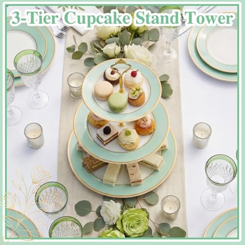 CHENGU 3 Tier Christmas Cupcake Stand Green Ceramic with Gold Frame - Image 4