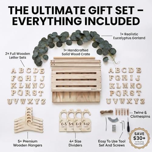 Wooden Baby Shower Crate Closet & Basket with Hanger Rack - Customizable Gift Basket with 2X Alphabet Letter Sets, Eucalyptus, 5 Hangers, Dividers, Nursery Decor Girls Boys (Natural Wood) - Image 3