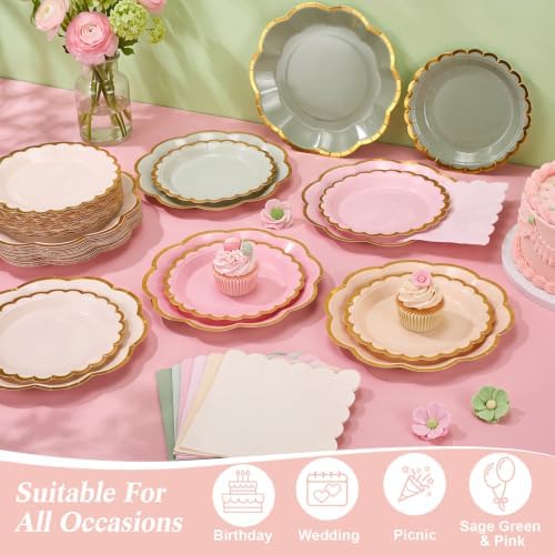 144 Pcs 48 Guests Sage Green and Pink Paper Plate and Napkin Party Supplies - Image 5