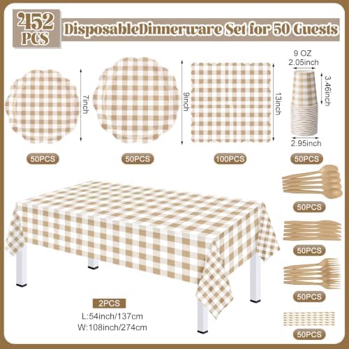 Funnymoom 452 Pcs Brown Gingham Party Supply for 50, Beige Plates Napkins - Image 3