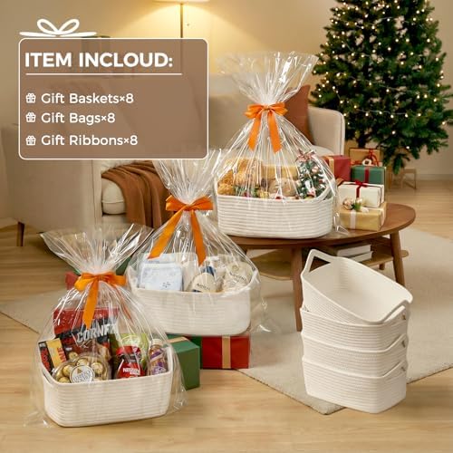 8 Pack Cute Woven Basket with Gift Bags and Ribbons, 12"x 8"x 5", Empty Decorative Gift Chest Box, Valentines Day Gifts Small Basket, Baby Gift Basket for Nursery, Cotton Rope Basket with Handles - Image 2